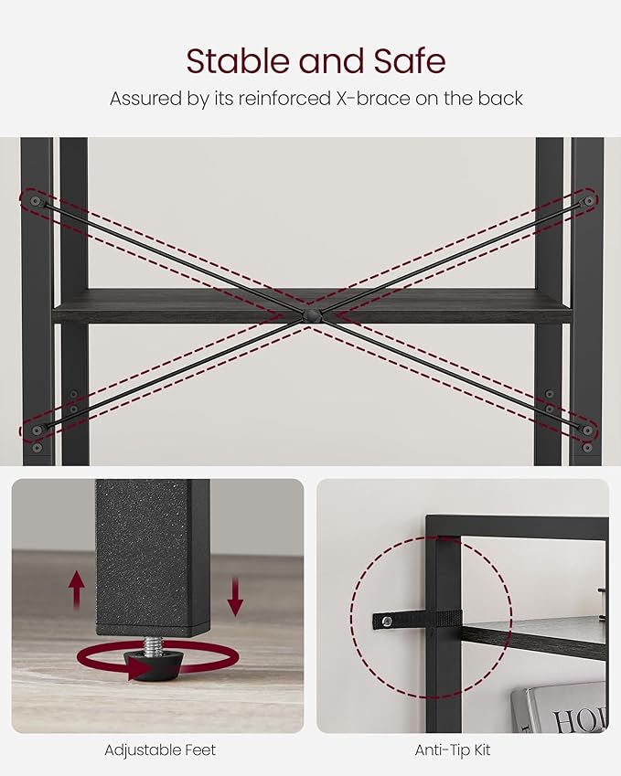 VASAGLE 4-Tier Bookshelf, Bookcase with Steel Frame, Book Shelf for Living Room, Home Office, Study, 11.8 x 26 x 47 Inches, Industrial Style, Charcoal Grey and Ink Black ULLS060B04