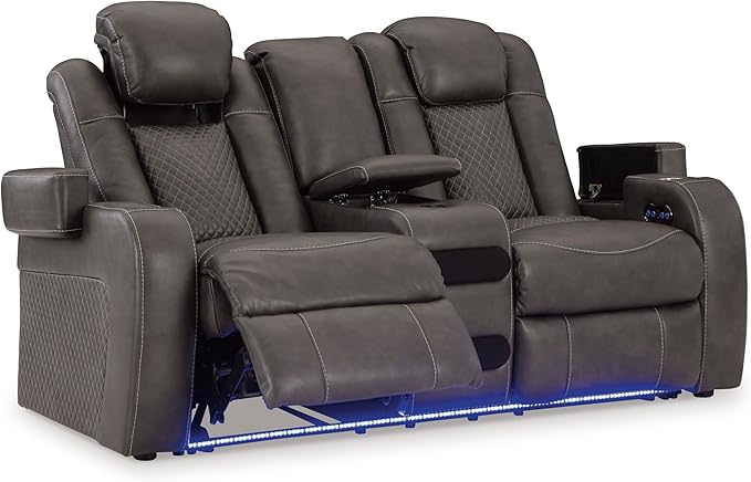 Signature Design by Ashley Fyne-Dyme Contemporary Power Reclining Loveseat with Console, USB Charging Ports and Adjustable Headrest, Gray