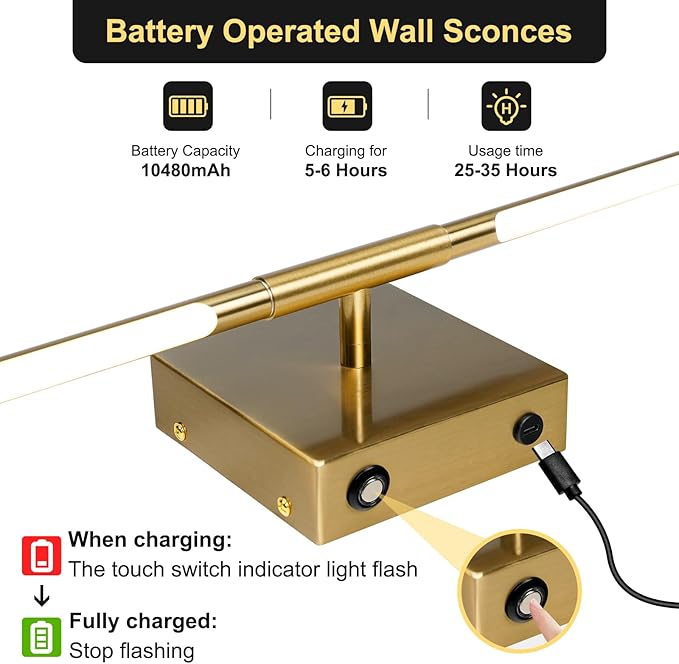 Battery Operated Wall Sconces Set of 2, Battery Wall Sconce with Remote Control,350°Rotate, LED Rechargeable Sconces,3000K-6000K Wireless Wall Light for Bedroom, Living Room, Hallway (Gold,32Inch)
