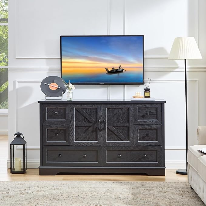 LIDYUK 6 Drawer Black Dresser for Bedroom Farmhouse Dresser Chest of Drawers, 55" Wide Clothes Organizer with Storage Cabinet Wood Chest of Drawers for Bedroom, Living Room