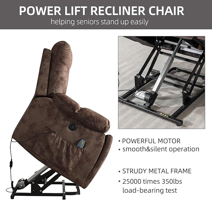 CANMOV Power Lift Recliner Chair with Massage and Heat for Elderly, Overstuffed Wide Recliners, Heavy Duty and Safety Motion Reclining Mechanism with USB Ports, 2 Concealed Cup Holders, Chocolate