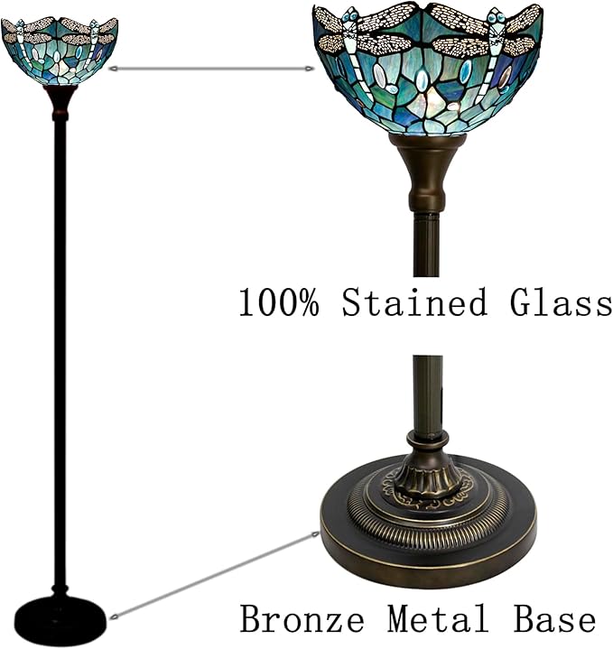 Tiffany Floor Lamp Torchiere Stained Glass Torch Lamp 12X12X67 Inch Antique Standing Corner Light (Dark Blue Dragonfly)