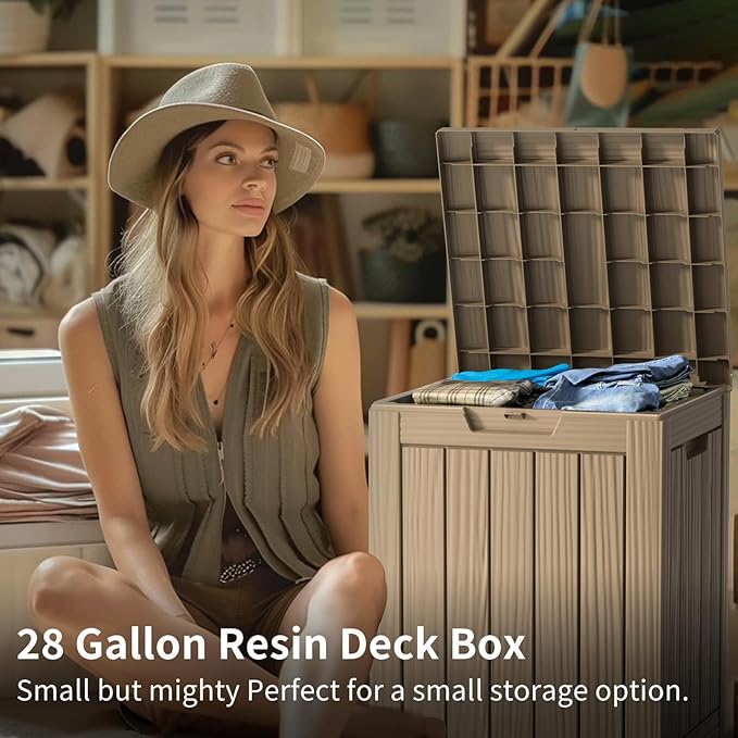 Two 28 GallonOutdoor Storage Box,Resin Deck Boxes Waterproof, IndoorOutdoor Bin for Package Delivery, Patio Cushions, Gardening Tools, Lockable, UV Resistant