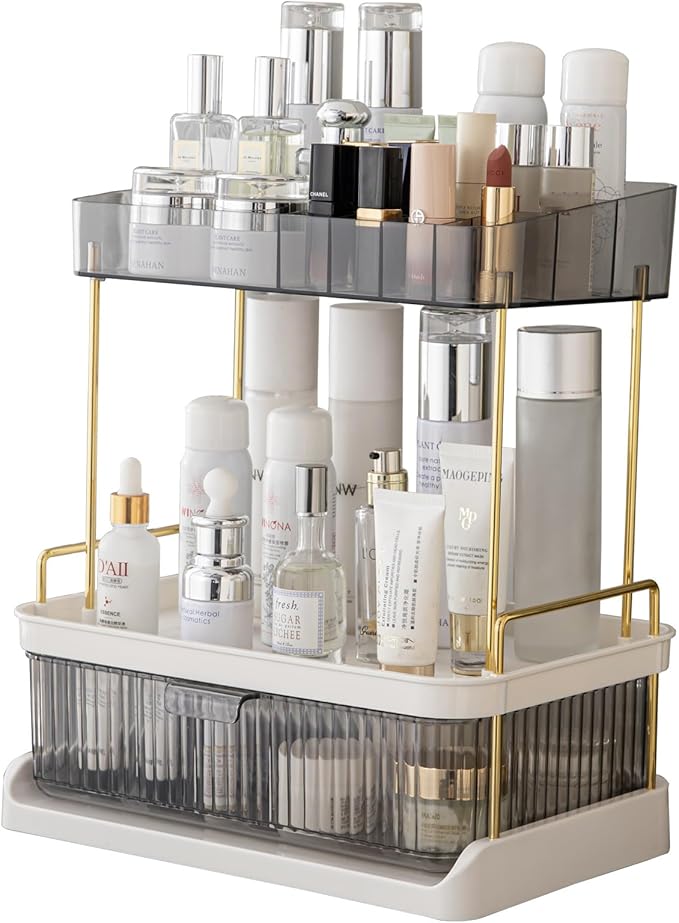 YCIA & DONE Bathroom Counter Organizer, Multi Makeup, Skincare, Perfume, Cosmetic, Vanity Countertop Organizer - Large Capacity, 2 Tier with Drawer - Easy to Install, Clean, Smoky Gray