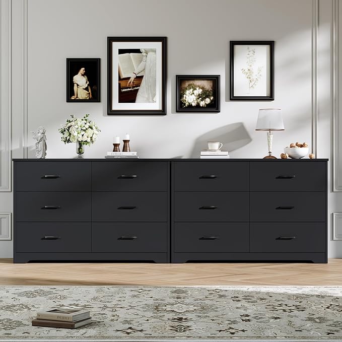 LIDYUK Dresser for Bedroom, Wood Dresser with 6 Drawers, Modern Minimalist Style Dressers & Chests of Drawers, 48 Inches Wide Chest of Drawers for Bedroom, Hallway, Living Room, Black