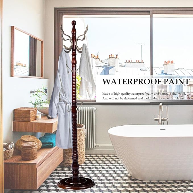 Wood Coat Rack Freestanding, Natural Coats Tree Stand with 14 Metal Hooks, 73" Sturdy and Easy Assembly Coat Rack Stand for Entryway, Hallway, Bedroom, Bags, Hats (Heavy-duty Disc Base, Metal Hook)