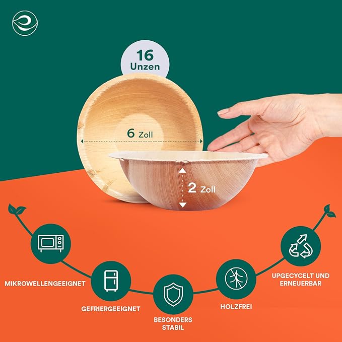 ECO SOUL 100% Compostable, Biodegradable, Disposable Palm Leaf Bowls,| pack of 100, Large 6 inch (16 Oz) | Round| Like Bamboo Bowls, Eco-friendly | Sturdy, Microwave & Oven Safe