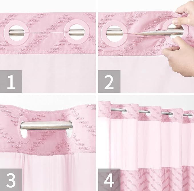Stall No Hook Boho Farmhouse Shower Curtain with Snap-in Fabric Liner set-54Wx80H(78H),Pink Tufted Chevron Striped Hotel Grade Cloth Shower Curtains for Bathroom,Water Repellent
