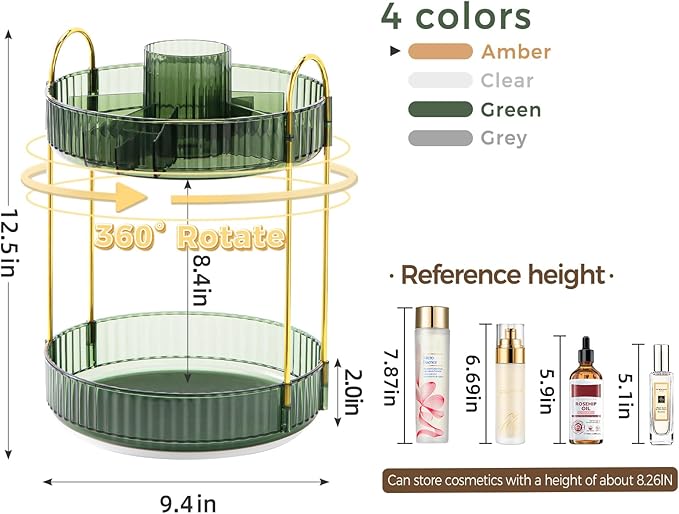 360° Rotating Makeup Organizer, Upgraded 2 Tier Skincare Perfume Organizers for Women, Bathroom Organizer Countertop, Clear Cosmetic Dresser Organizer with Makeup Brush Holder, Sink&Counter (Green)