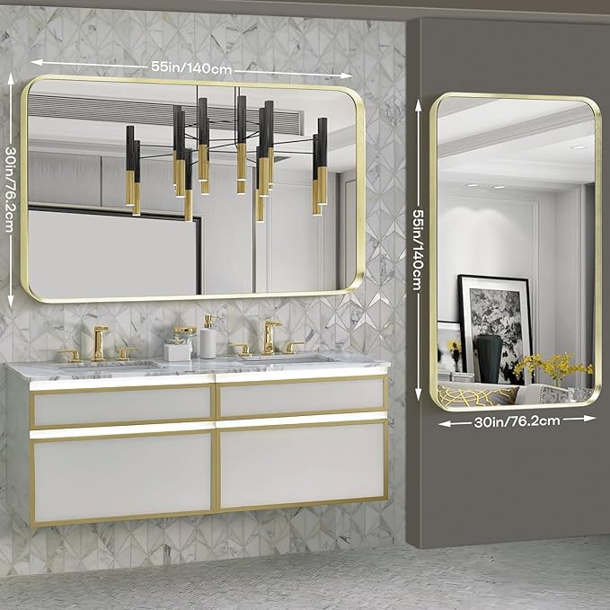 Gold Metal Framed Bathroom Mirror for Wall, Large Brushed Gold Rounded Corner Rectangular Bathroom Vanity Mirror, Anti-Rust, Tempered Glass, Hangs Horizontally or Vertically (30" x 55", Gold)