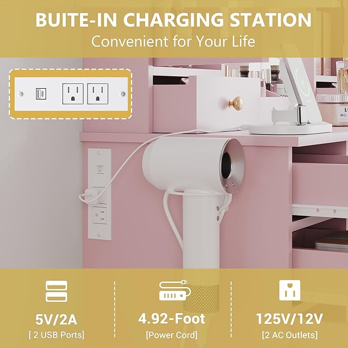 Makeup Vanity Desk with Mirror & LED Lights, Storage Drawers, Charging Station, Cabinets & Stool, Large Dressing Table with RGB Ambient Lighting for Bedroom & Vanity Room