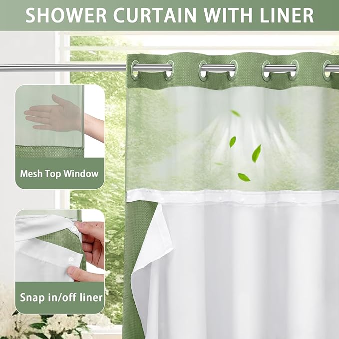 YellyHommy No Hook Shower Curtain with Snap in Liner Set Less Time White Waffle Shower Curtain for Bathroom 72" W x 81" L