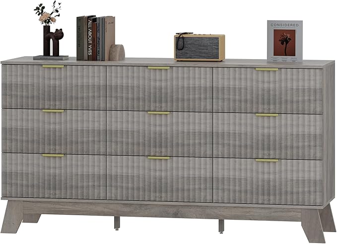 Fluted Dresser for Bedroom with 9 Drawers, 57" Mid Century Modern Dresser of Closet TV Stand, Nature Wood Dressers with Gold Handle, Boho Closet Wide Modern Chest of Drawers, Grey
