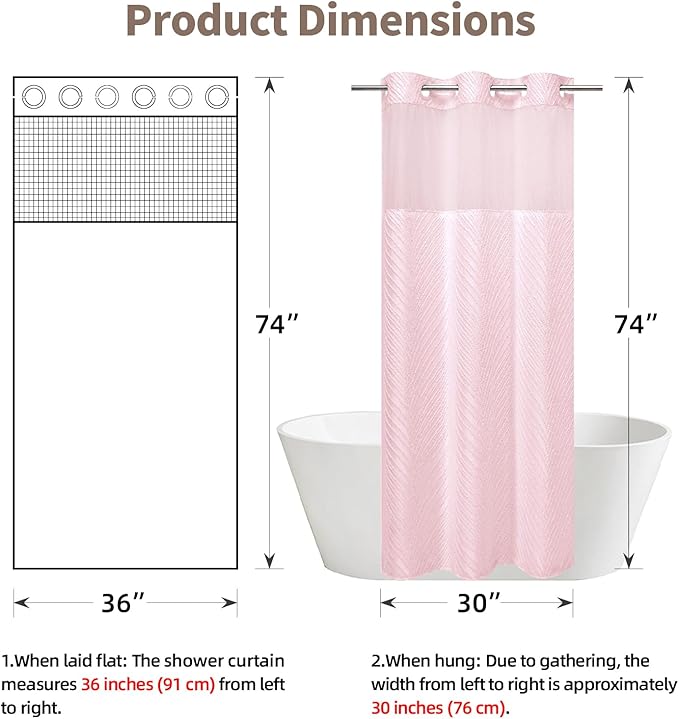 stall no Hook Tufted Shower Curtain with snap in Liner Set, White Waterproof Fabric Inner Liner,Boho Style Shower Curtain with See Through top Window, Pink, 36Wx74H