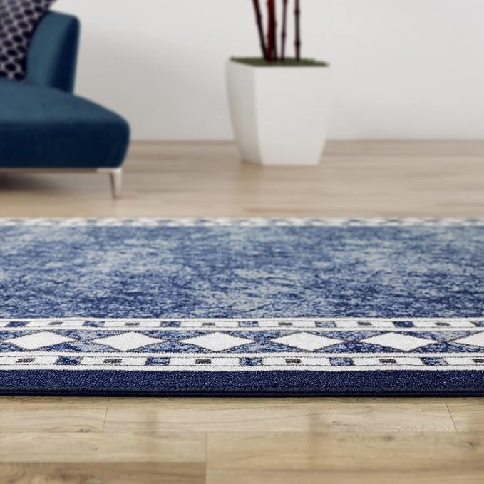Antep Rugs Alfombras Modern Bordered 5x7 Non-Skid (Non-Slip) Low Profile Pile Rubber Backing Indoor Area Rugs (Navy Blue, 5' x 7')