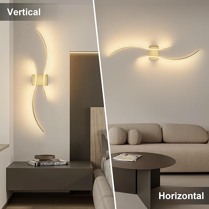 Battery Operated Wall Sconces Set of Two with Remote Control, Stepless Colors 3000K-6000K & Dimming, LED Brass Wireless Wall Light for Living Room, Hallway, Bedroom, 39.3 Inch (2 Pack)