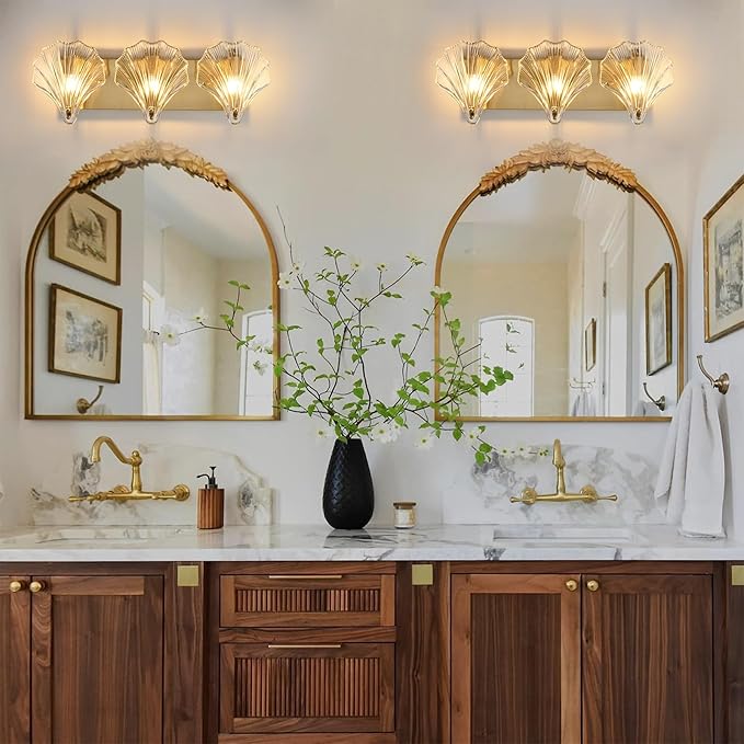 Bathroom Light Fixtures,3-Lights Vanity Lights Over Mirror,Modern Bathroom Wall Light with Clear Shell Shaped Glass Shades,Gold Wall Sconces for Bedroom Living Room Hallway Kitchen.