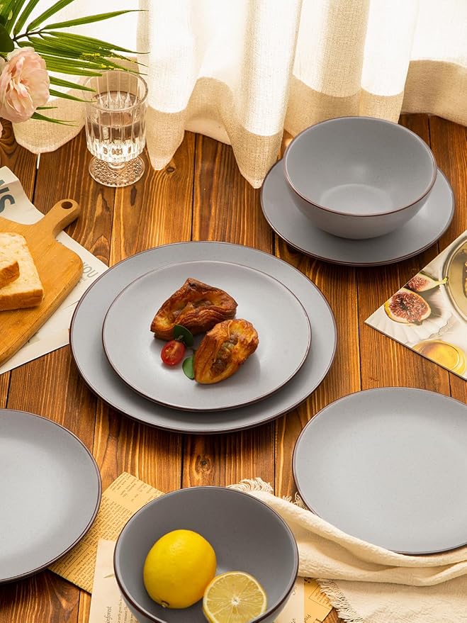 Famiware Venus Ceramic Plates and Bowls Sets, Speckled Dinnerware Dish Sets for 8 (24 Pieces) - Microwave and Dishwasher Safe, Matte Light Grey
