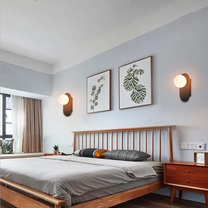 Modern Wall Sconce Set of 2 Matte Black Mid Century Bathroom Vanity Wall Light with White Globe Glass Shade Industrial Wall Lamp Pole Wall Mount Lighting Fixture