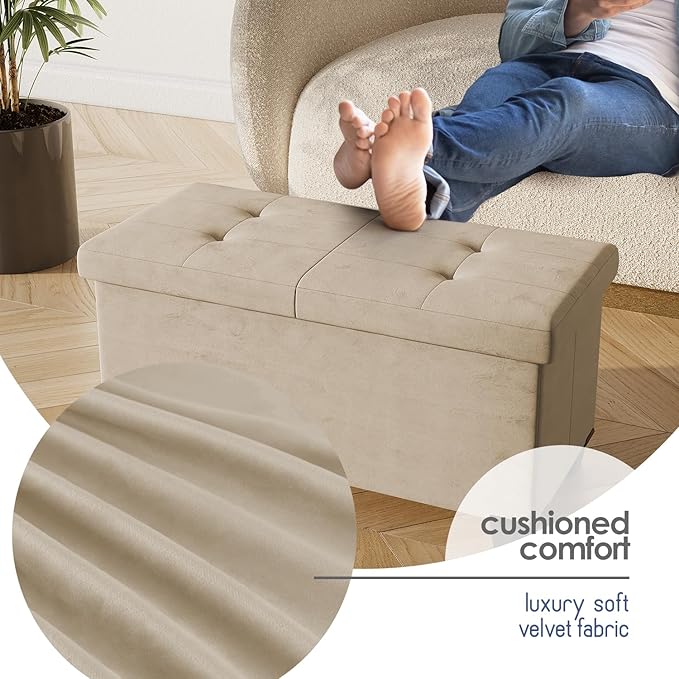 STORAGEBUD Storage Ottoman Bench with Bins, 30-in Storage Bench for Bedroom End of Bed, Folding Foot Rest Ottoman for Living Room Max 660lbs, Velvet Ottomans, Beige