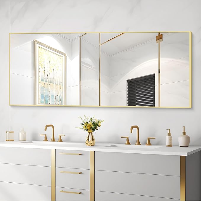 30x72inch Bathroom Mirror, Gold Rectangle Mirror with Thin Metal Frame, Large Rectangular Wall Mirrors for Bathroom, Living Roomm, Hair Salon, Big Farmehouse Mirror Hang Horizontal/Vertical