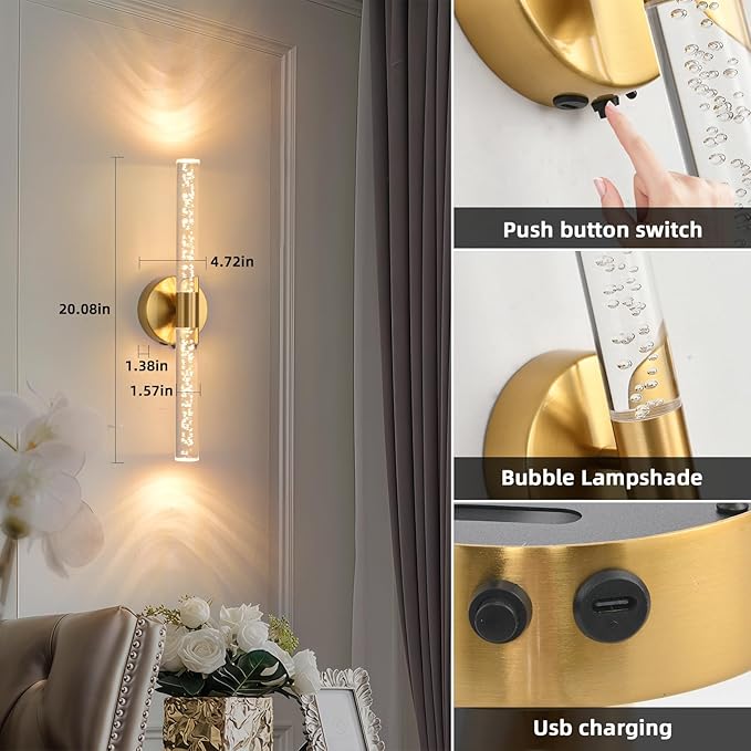 Battery Operated Wall Sconces Set of Two, Gold 20'' Rechargeable Crystal Bubble Wall Sconce with Remote Control, 3000K-6000K Dimmable LED Wireless Wall Lights for Living Room Bedroom Bathroom Hallway