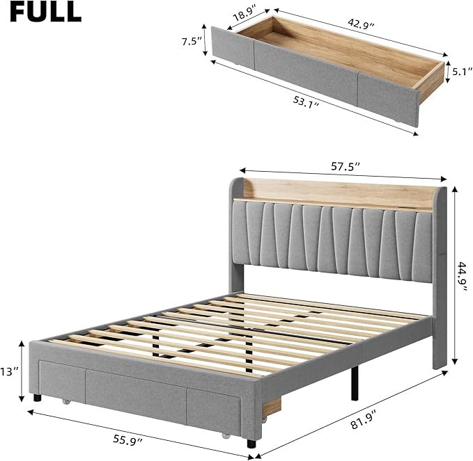 GarveeHome Upholstered Bed Frame with Storage Headboard and Charging Station, Platform Bed Frame with Drawers, Heavy Duty, No Box Spring Needed, Easy Assembly, Grey, Full Size