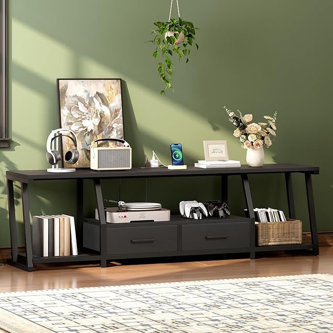 LED TV Stand with Fabric Drawers for 80 Inch TV, Entertainment Center with Power Outlets and Open Storage Shelves, Industrial Media TV Console Table for Living Room, Bedroom, Black