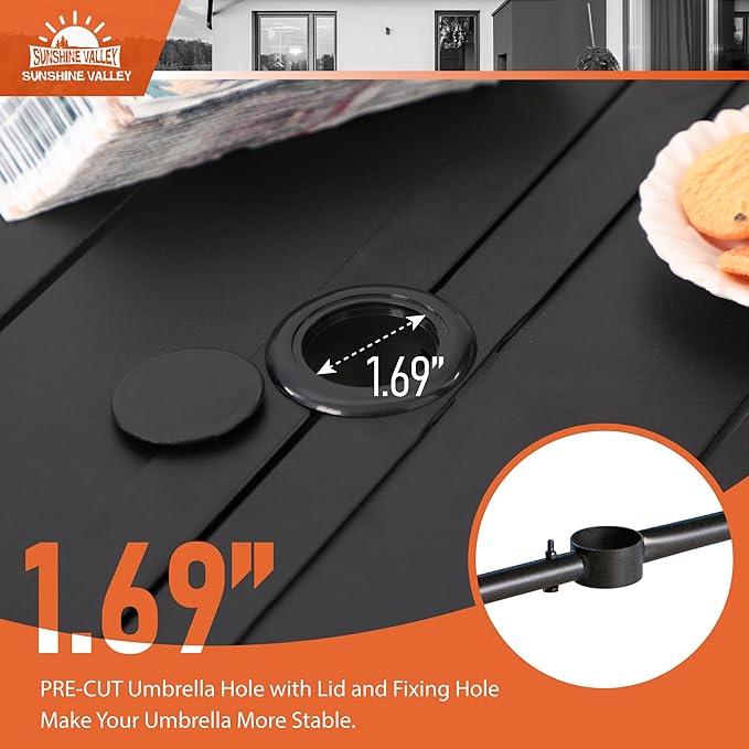 7 Piece Patio Dining Sets for 6, Black Outdoor Table and Chairs Set with 1 Wood-Like Patio Table(1.57"-1.9" Hole) and 6 Textilene Patio Chairs, Outdoor Dining Sets for Deck Backyard