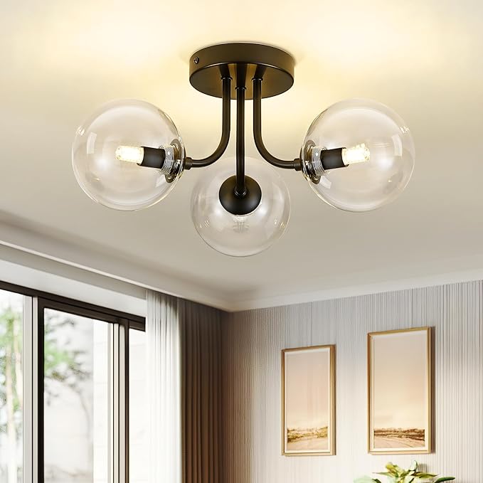 3-Globe Black Flush Mount Ceiling Light in a Modern Farmhouse Design is Ideal for Living Rooms, Bedrooms, or Dining Rooms. Model:CKCL4845-3W-CLBK