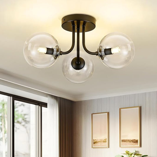 3-Globe Black Flush Mount Ceiling Light in a Modern Farmhouse Design is Ideal for Living Rooms, Bedrooms, or Dining Rooms. Model:CKCL4845-3W-CLBK