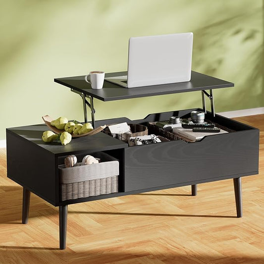 OLIXIS Wood Lift Top Coffee Table with Hidden Compartment and Large Storage Shelf, Lift Tabletop Dining Center Table for Home Living Room Office, Ink