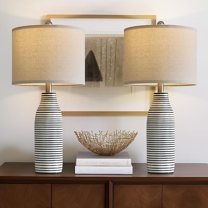 25" Ceramic Table Lamps Set of 2 Beside Lamps for Living Room Modern Bedroom Lamps for Night Stands with Rotary Switch Black and White Stripes