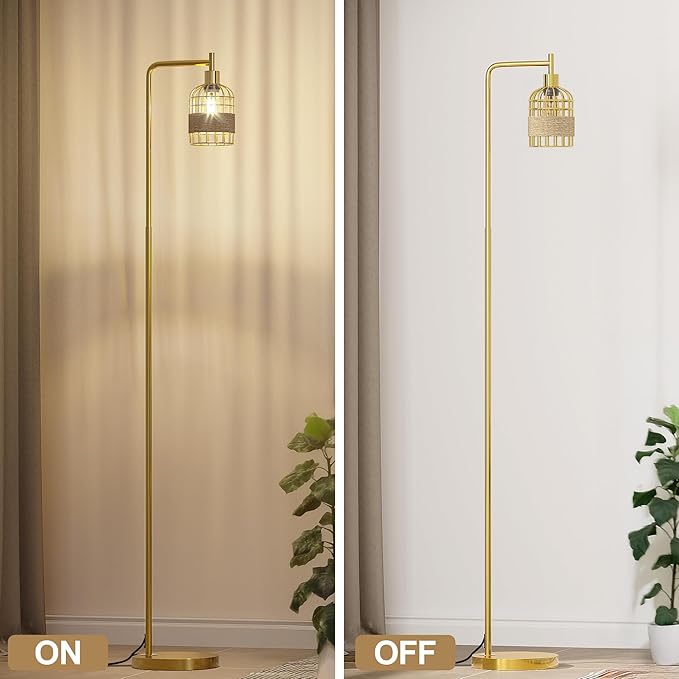 Oneach 66" Gold Floor Lamp for Living Room, Industrial Floor Lamp with LED Buld, Rattan Shade, Foot Switch, Minimalist Farmhouse Tall Standing Lamp for Bedroom, Office, Study Room