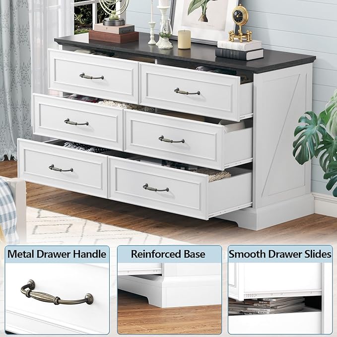 Dresser for Bedroom with 6 Drawer, Farmhouse Dresser for Closet, 47'' Wide Rustic Wooden Chest of Drawers with Natural Wood Texture, Vintage Storage Organizer for Living Room, Hallway, White