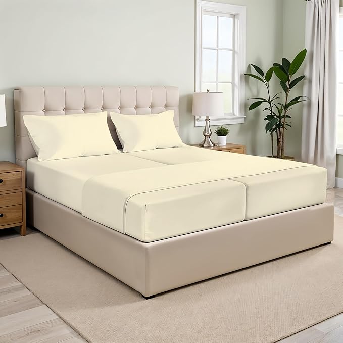XOOX Linen 100% Egyptian Cotton Split King Sheets Sets for Adjustable Bed - Luxury 500 Thread Count Split Head King Sheets Sets (Ivory), Cooling, Sateen Weave 17" Deep Pocket Twin XL Sheet