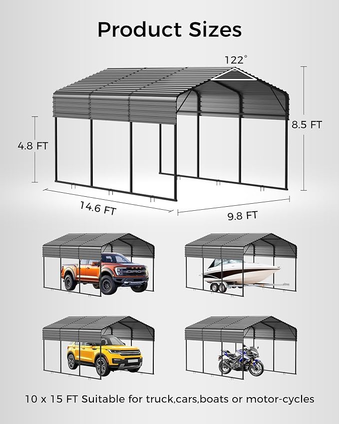 10x15FT Heavy Duty Metal Carport with Galvanized Steel Roof - All-Weather Car Shelter for Cars, Trucks, Boats, Reinforced Frame, Enhanced Base, Metal Car Port Garage