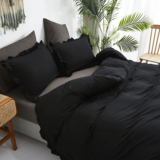 Luxlovery Black Ruffle Comforter Set King Pure Farmhouse Bedding Shabby Boho Taupe Blanket Quilts Vintage Chic All Dark Color for Bed Women Men, Black,