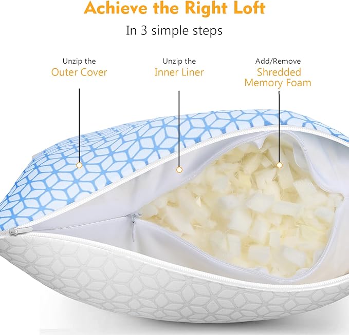 Firm Pillows Standard Size for Bed Shredded Memory Foam Pillows Adjustable, Cooling Pillow Soft and Supportive for Side Back Stomach Sleepers