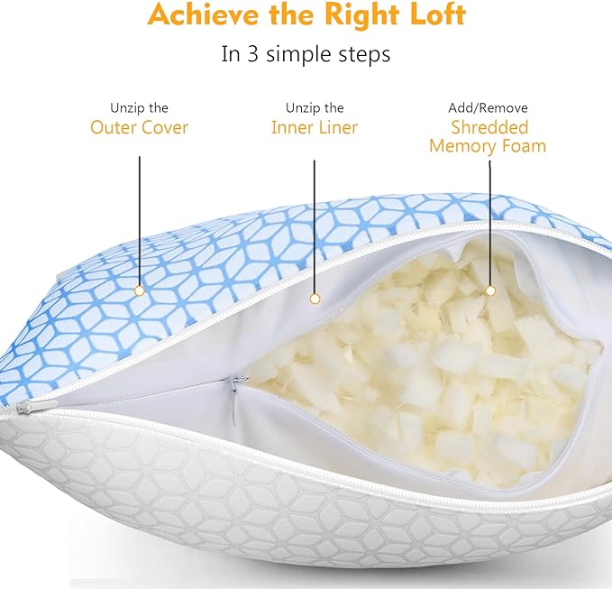 Bed Pillow King Size 1 Pack, Shredded Memory Foam Pillow Adjustable, Cooling Pillow Soft and Supportive for Side Back Stomach Sleepers