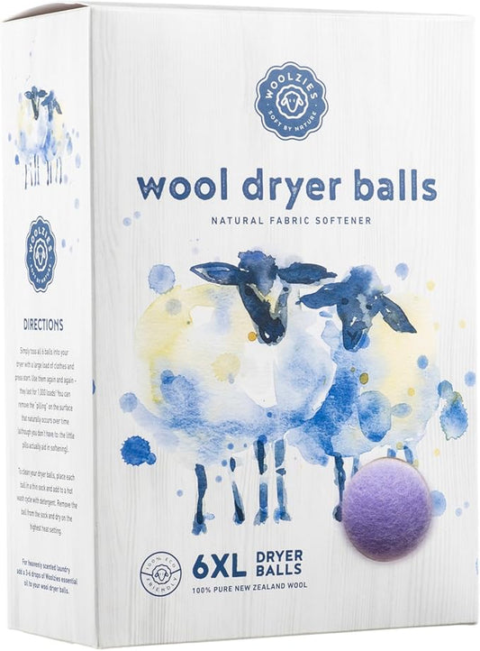 Woolzies Wool Dryer Balls Organic Big Wool Spheres Best Fabric Softener | 6-Pack XL Dryer Balls for Laundry is Made with New Zealand Wool | Use Laundry Balls for Dryer with Essential Oils (Lavender)