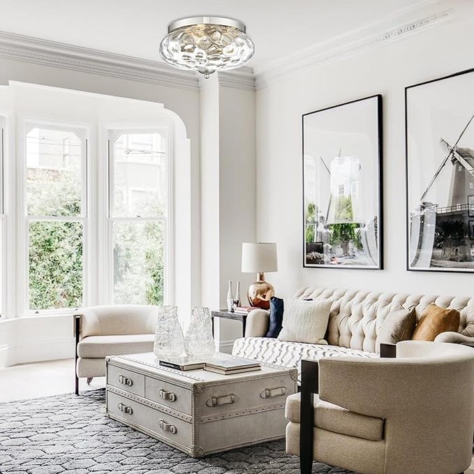 Darkaway Ceiling Light Fixtures Flush Mount Indoor Outdoor Ceiling Light with Water Ripple Glass Shade for Hallway Kitchen Bedroom Porch Living Room Nickel Finish