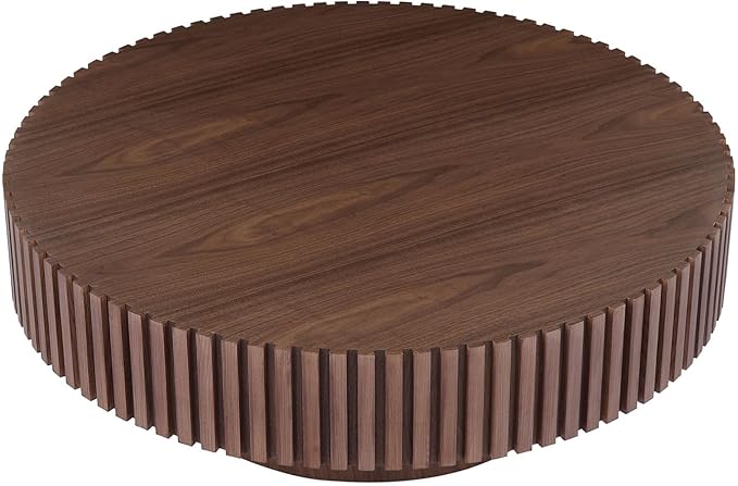 Round Coffee Table for Living Room, Accent Fluted Drum Coffee Table with Storage, Modern Solid Wood Circle Center Tea Table for Small Space Apartment (35.4''D×14''H-Walnut)