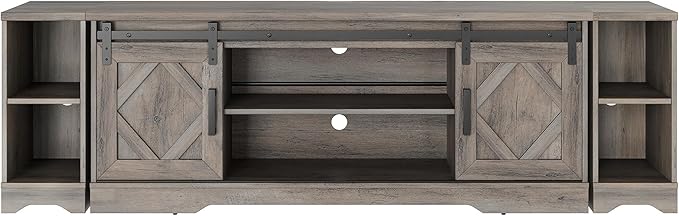 WAMPAT Modern Farmhouse 3 in 1 TV Stand for up to 85" TVs Wood Entertainment Center with Sliding Barn Door and Adjustable Media Storage Shelf for Living Room,Washed Grey