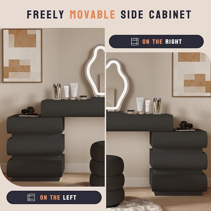 Makeup Vanity Desk with Mirror and Lights, Luxury Dressing Table with Free Retractable Side Cabinet, Microfibre Leather Wrapped Vanity Set with 5 Solid Wood Drawers, Stool-47.2in / Black