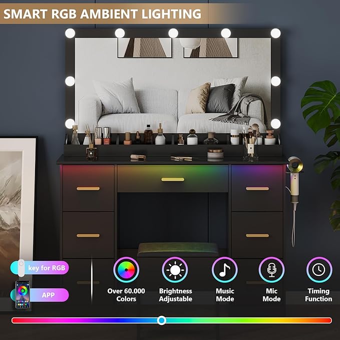 Vanity Desk with 38" Large Mirror and 9 LED Lights & Glass Top and Power Outlet, Adults Makeup Vanity with Chair and 7 Storage Drawers, Dressing Table Set for Bedroom, Modern Black