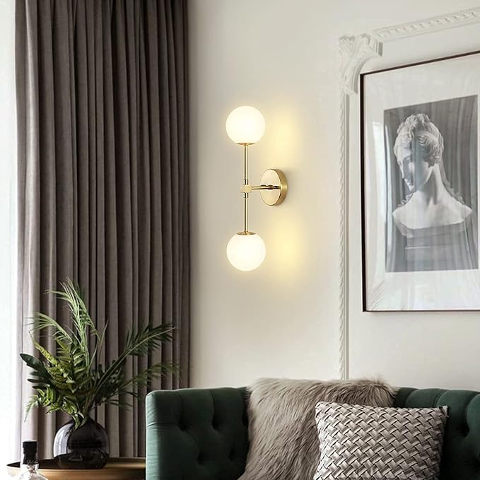 Modern Wall Sconce 2-Lights Industrial Mid Century Bathroom Vanity Wall Light with White Globe Glass Lampshade Brushed Brass Finished Lighting Fixture (Gold Color)