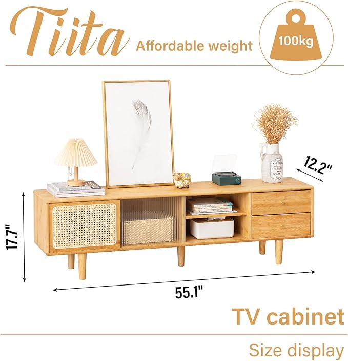 Tiita Rattan TV Stand for 55 60 Inch TV, Bamboo TV Cabinet with 2 Drawers, Boho Entertainment Center with Adjustable Shelf, Mid Century Modern Media Console for Bedroom, Living Room, Study