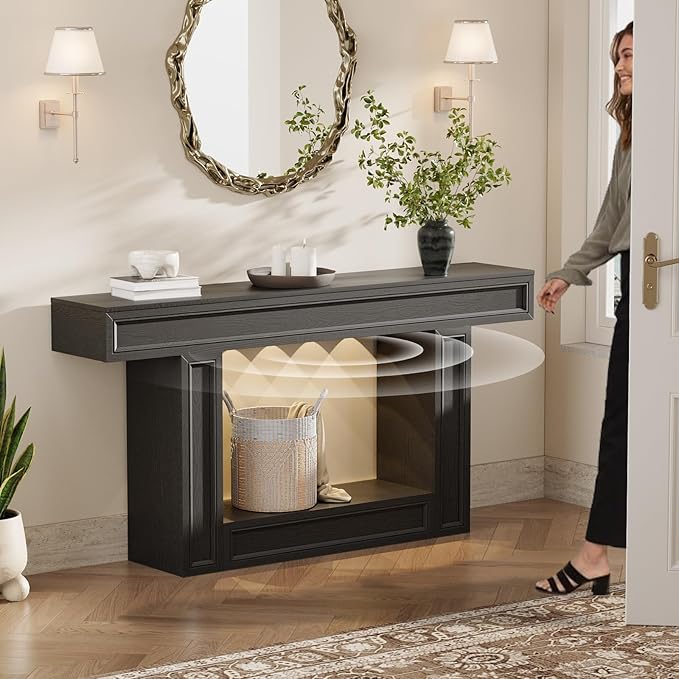 Rresyet 63" Console Table, 2-Tier Entryway Table with Sensor Lights, Coffee Table Behind The Sofa, with U-Shaped Base Suitable for Entryways, Living Rooms, Corridors, and Foyers(Black)