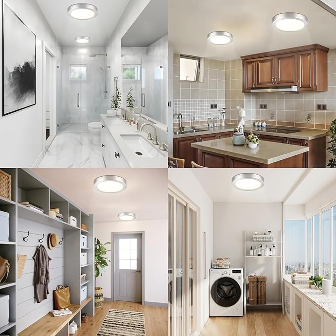 Flush Mount Ceiling Light Fixture, 7 Inch LED Modern Kitchen Light, Metal and Glass, Slim Dimmable Brushed Nickel Ceiling Light for Low Ceiling, 17W, 3000K, 2 Pack